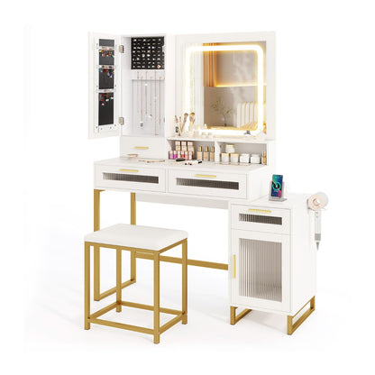 Makeup Vanity Desk with Lighted Mirror with Charging Station and 3-Color LED Lights-White