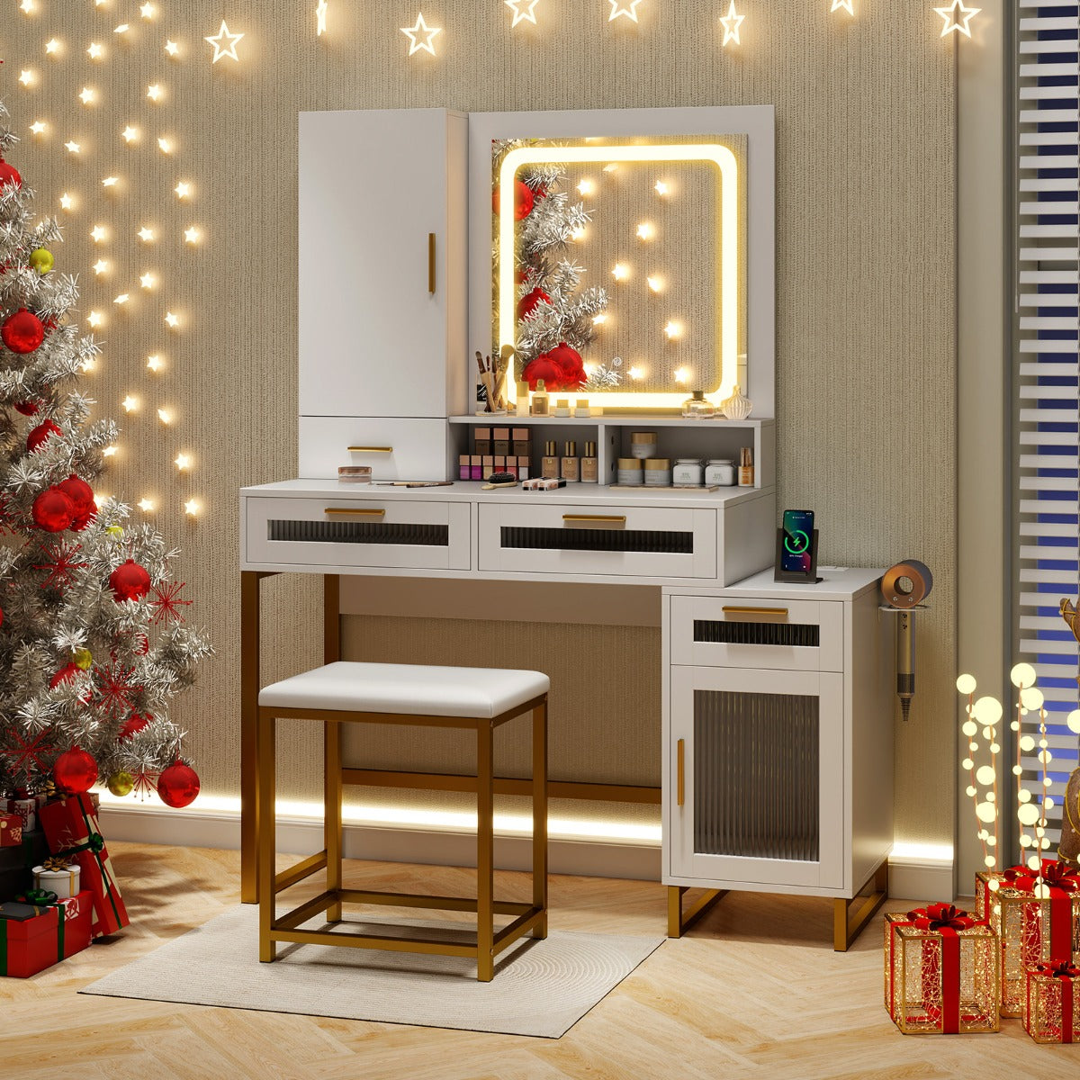 Makeup Vanity Desk with Lighted Mirror with Charging Station and 3-Color LED Lights-White
