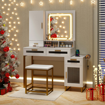 Makeup Vanity Desk with Lighted Mirror with Charging Station and 3-Color LED Lights-White