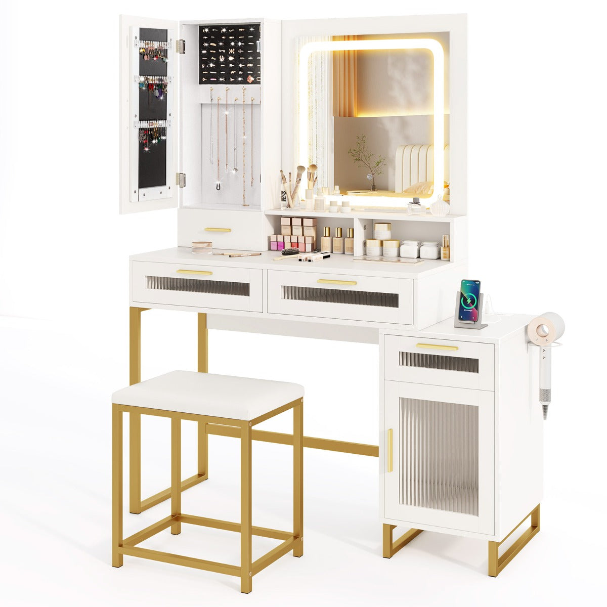 Makeup Vanity Desk with Lighted Mirror with Charging Station and 3-Color LED Lights-White