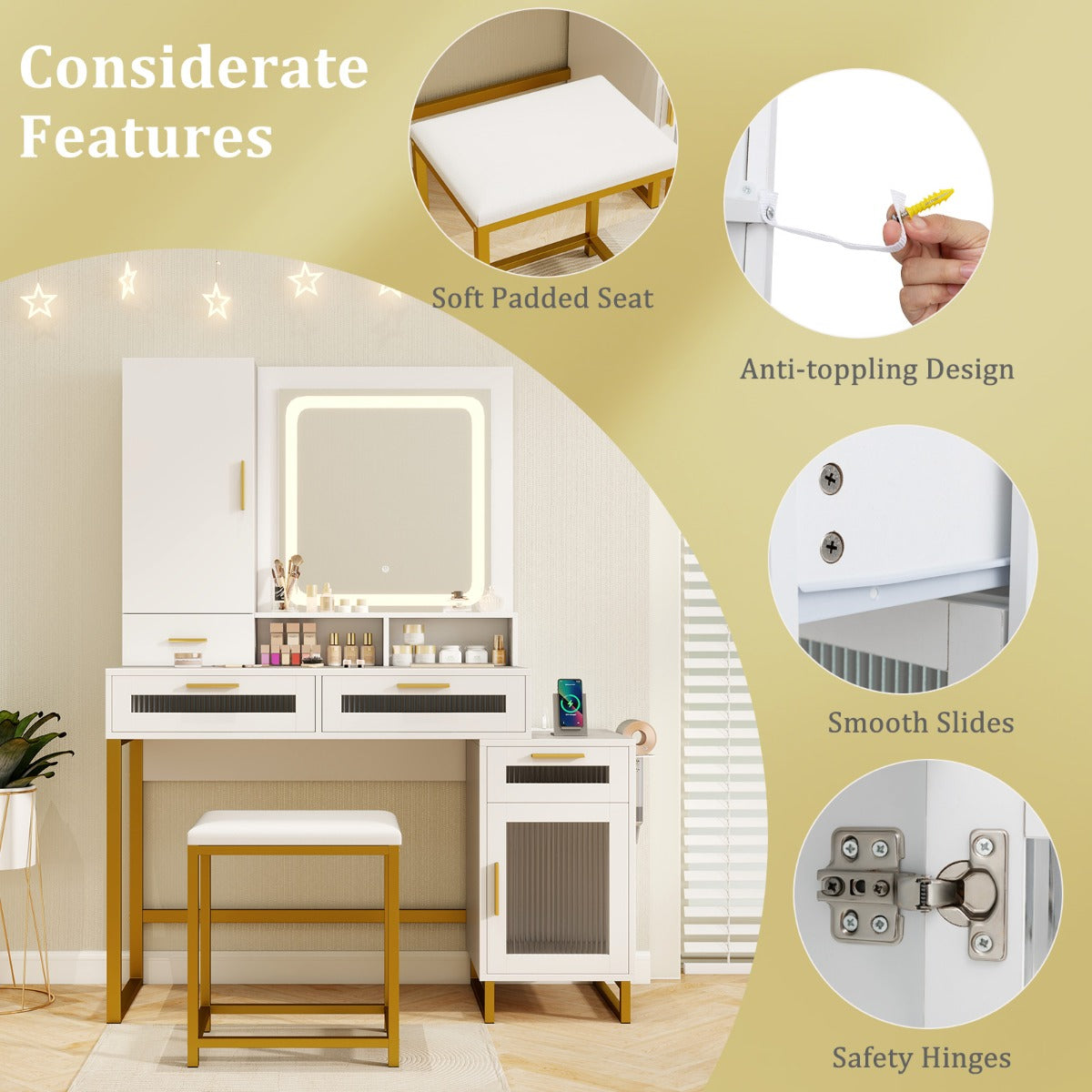 Makeup Vanity Desk with Lighted Mirror with Charging Station and 3-Color LED Lights-White