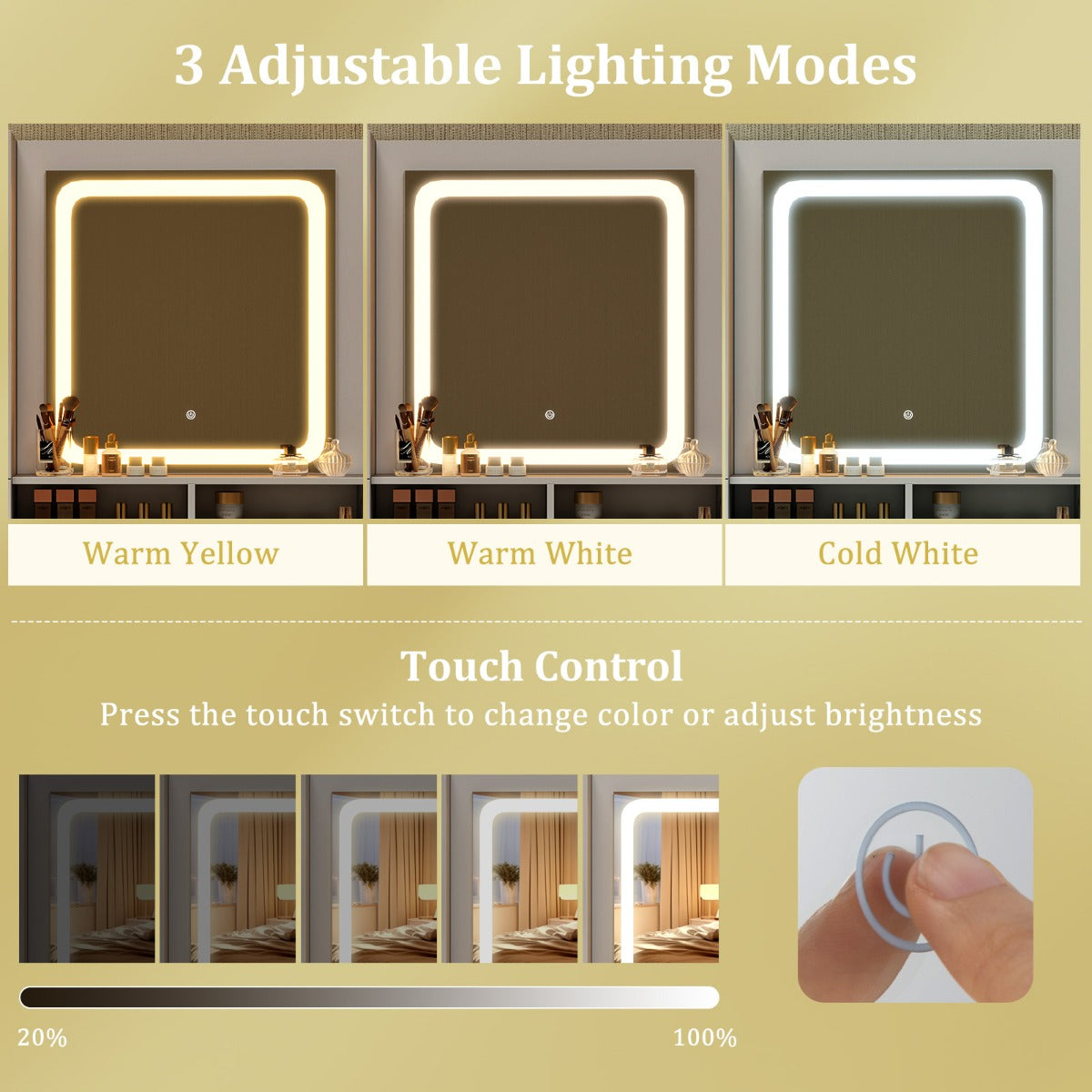 Makeup Vanity Desk with Lighted Mirror with Charging Station and 3-Color LED Lights-White