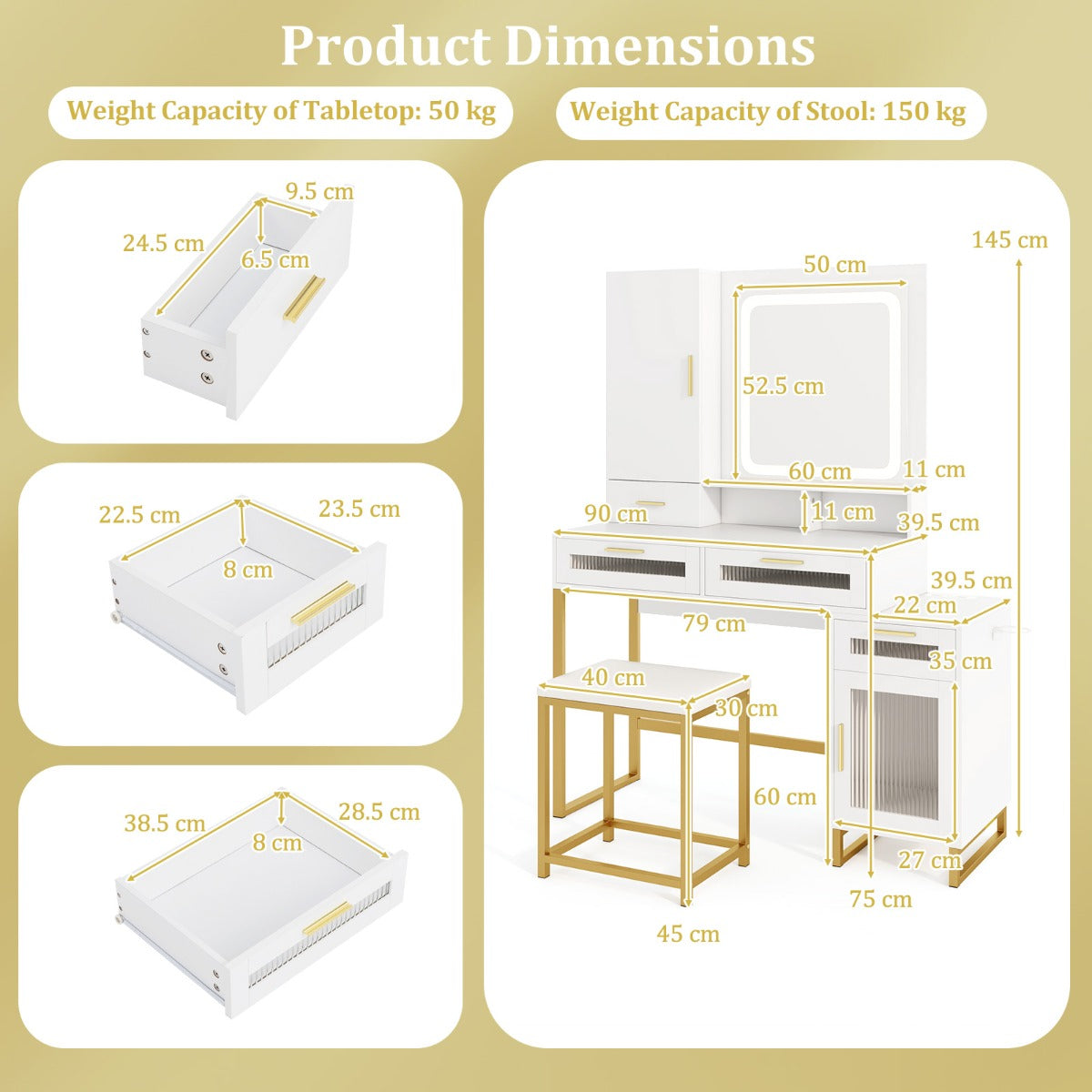 Makeup Vanity Desk with Lighted Mirror with Charging Station and 3-Color LED Lights-White