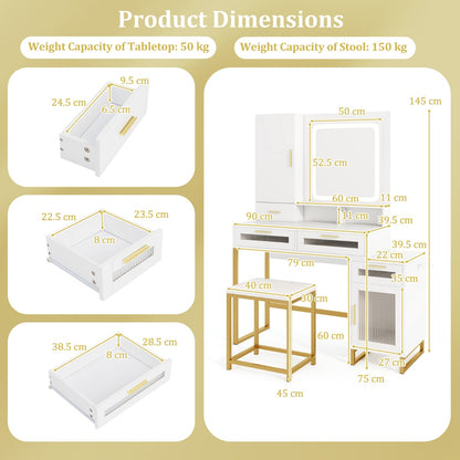 Makeup Vanity Desk with Lighted Mirror with Charging Station and 3-Color LED Lights-White
