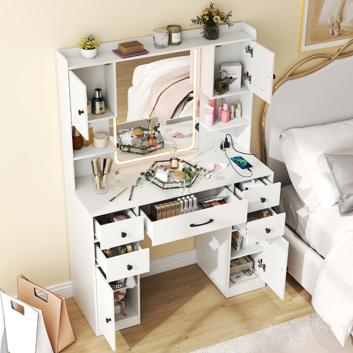 Makeup Vanity Desk with Lighted Mirror and Charging Station-White