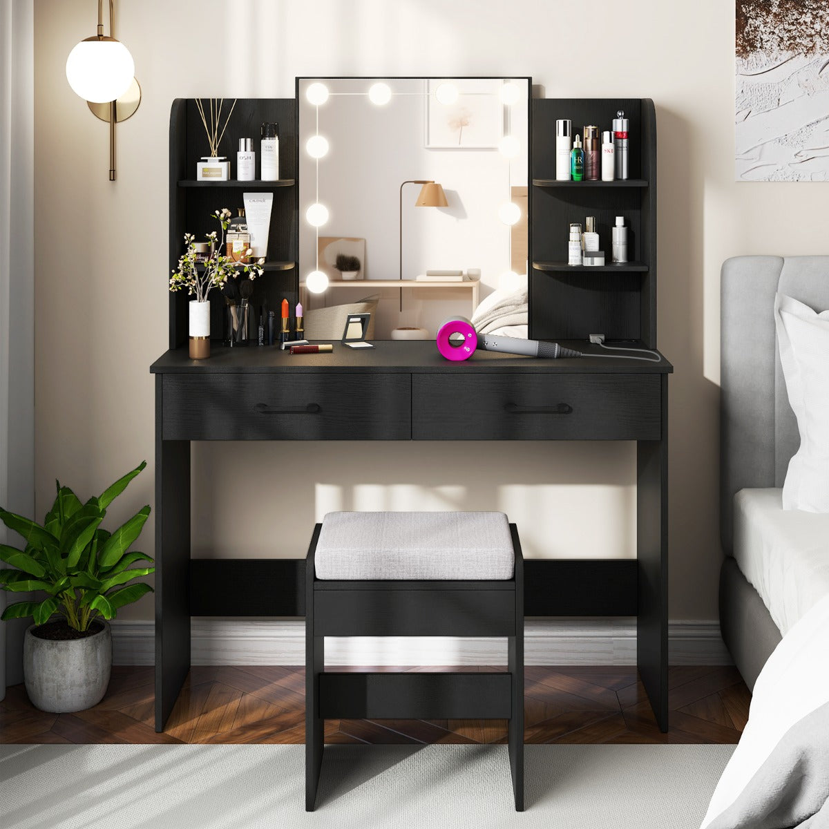 Makeup Vanity Desk with Lighted Mirror and Charging Station-Black