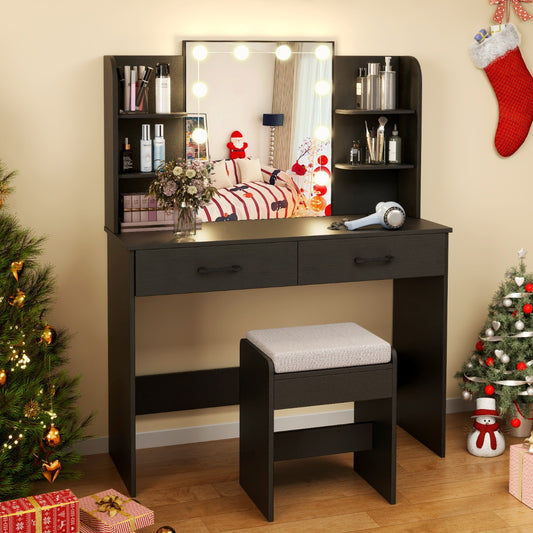 Makeup Vanity Desk with Lighted Mirror and Charging Station-Black