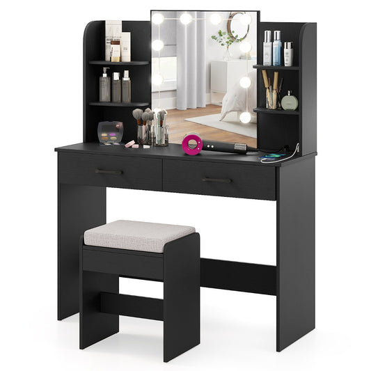 Makeup Vanity Desk with Lighted Mirror and Charging Station-Black