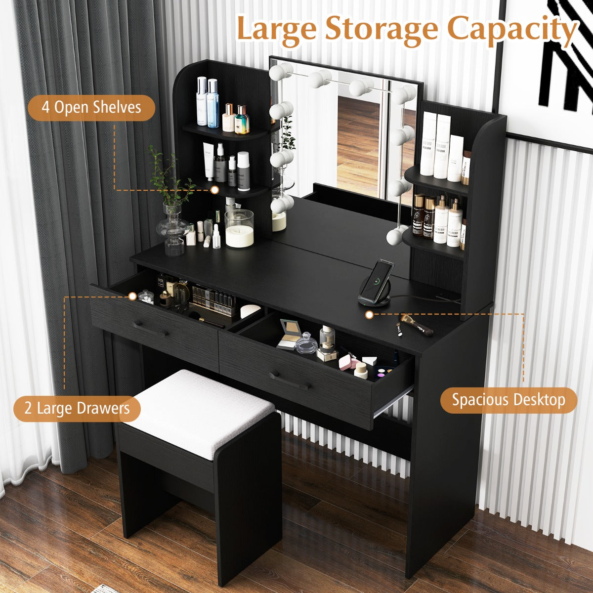Makeup Vanity Desk with Lighted Mirror and Charging Station-Black