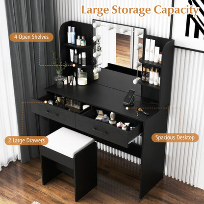 Makeup Vanity Desk with Lighted Mirror and Charging Station-Black