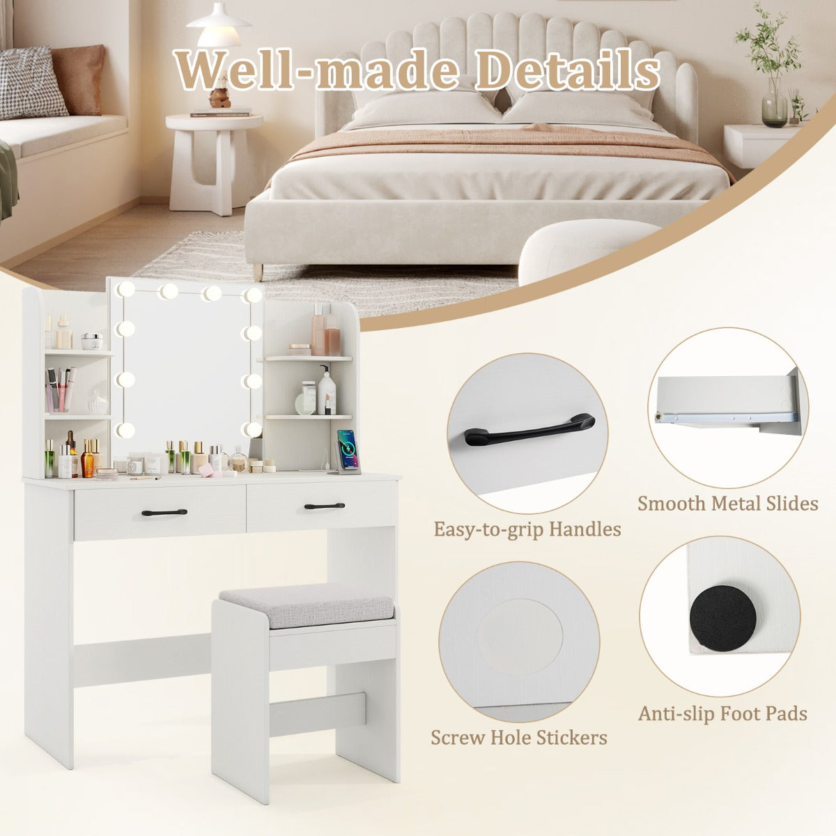 Makeup Vanity Desk with Lighted Mirror and Open Shelves for Bedroom-White