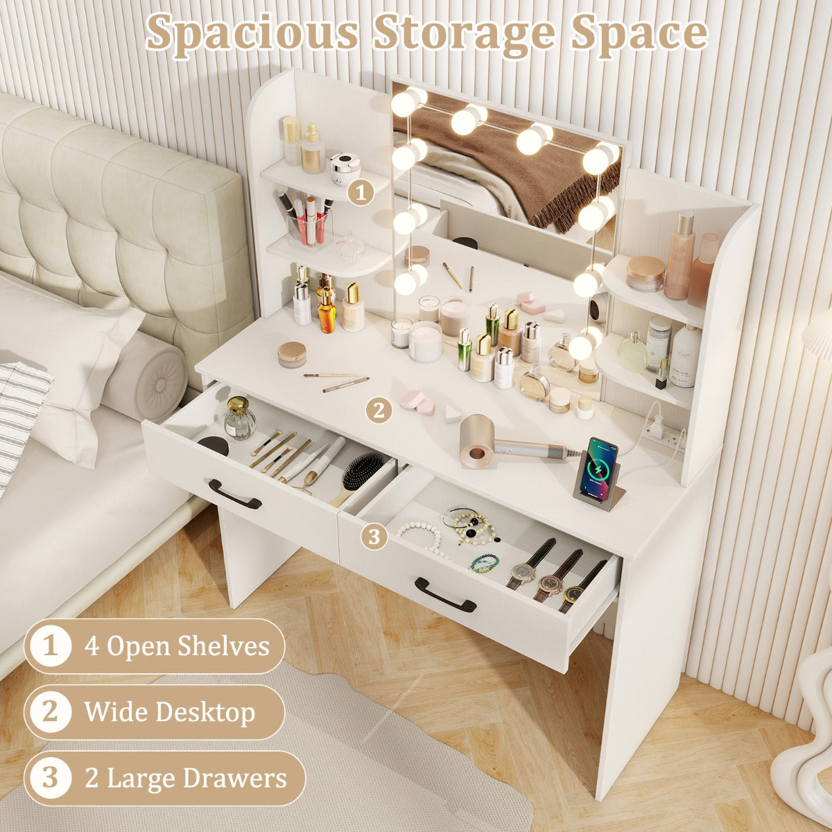 Makeup Vanity Desk with Lighted Mirror and Open Shelves for Bedroom-White