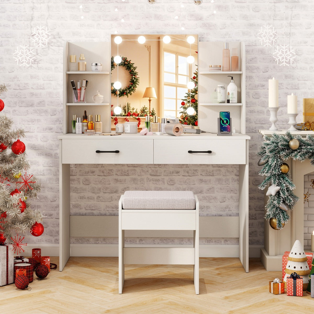 Makeup Vanity Desk with Lighted Mirror and Open Shelves for Bedroom-White