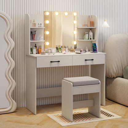 Makeup Vanity Desk with Lighted Mirror and Open Shelves for Bedroom-White