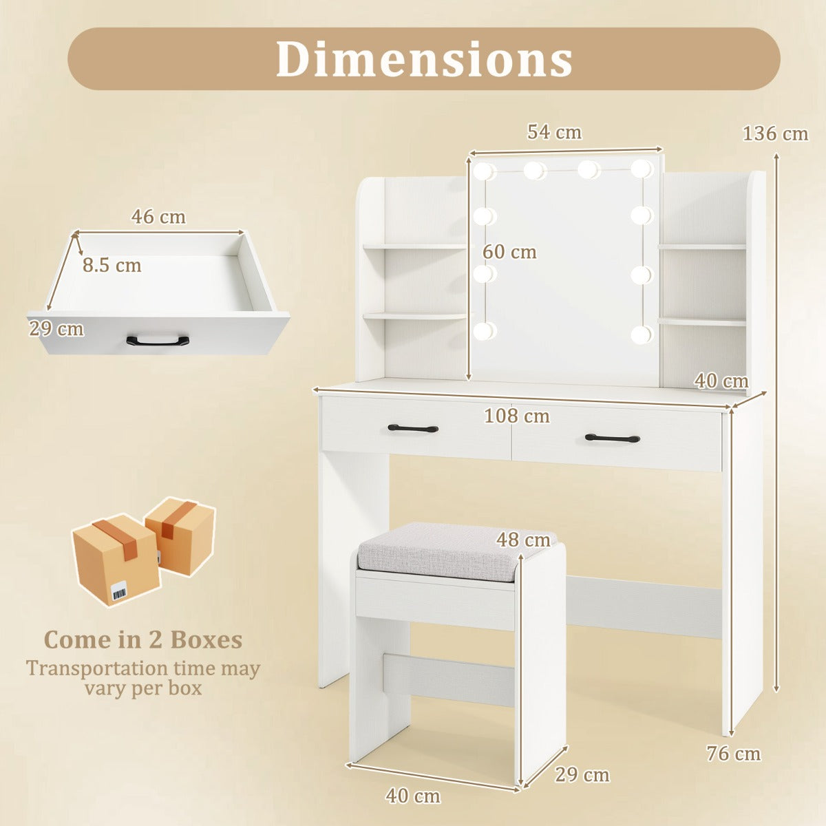 Makeup Vanity Desk with Lighted Mirror and Open Shelves for Bedroom-White