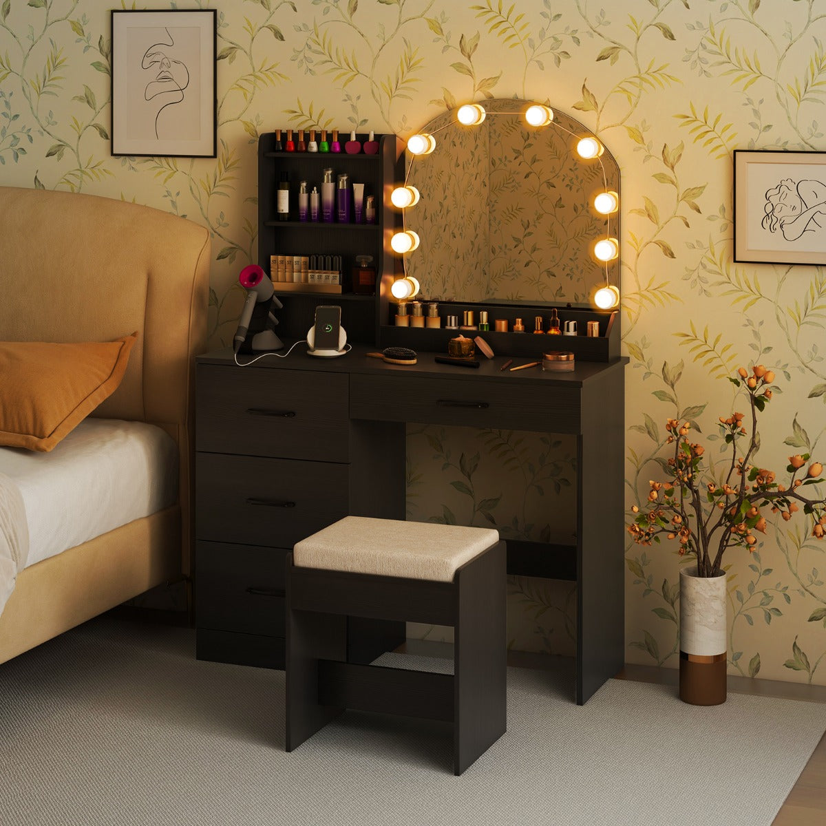 Makeup Vanity Desk with Mirror and Lights Dressing Table-Black