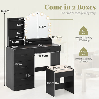Makeup Vanity Desk with Mirror and Lights Dressing Table-Black