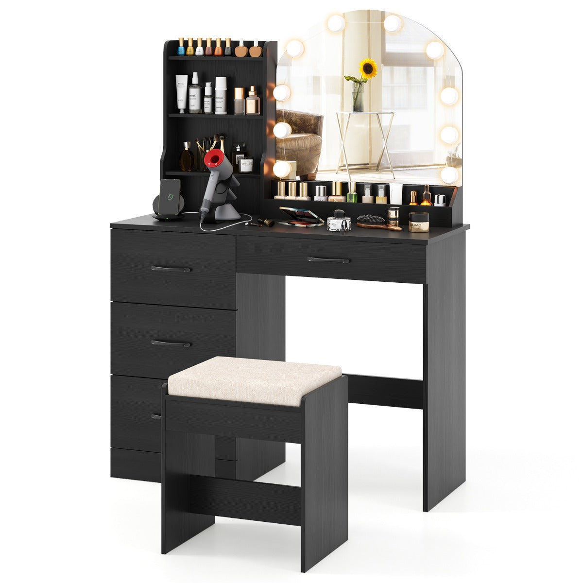 Makeup Vanity Desk with Mirror and Lights Dressing Table-Black