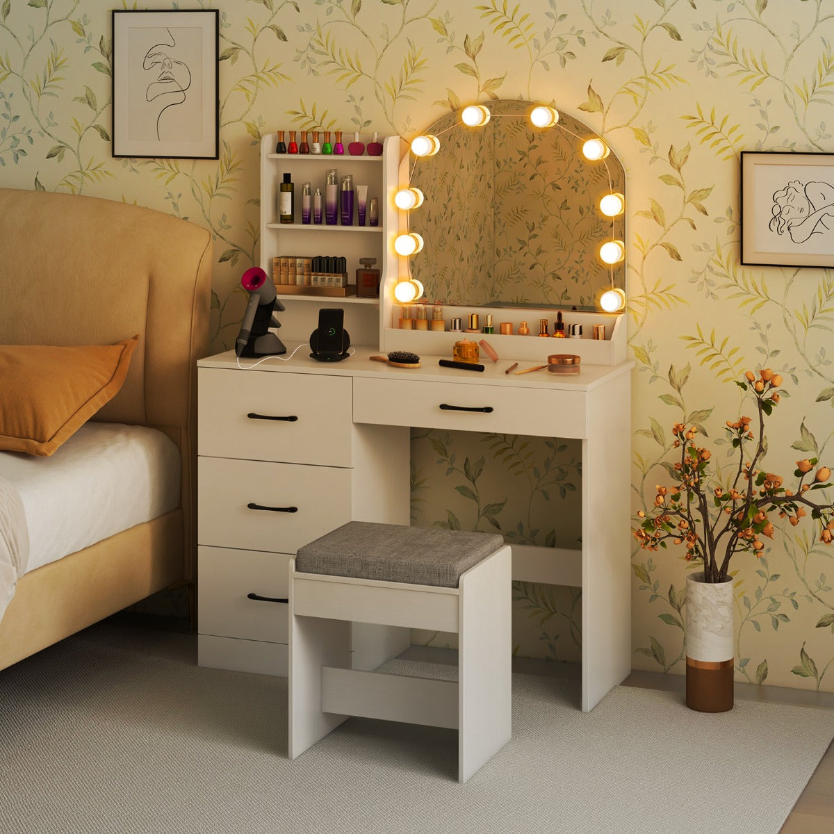 Makeup Vanity Desk with Mirror and Lights Dressing Table-White