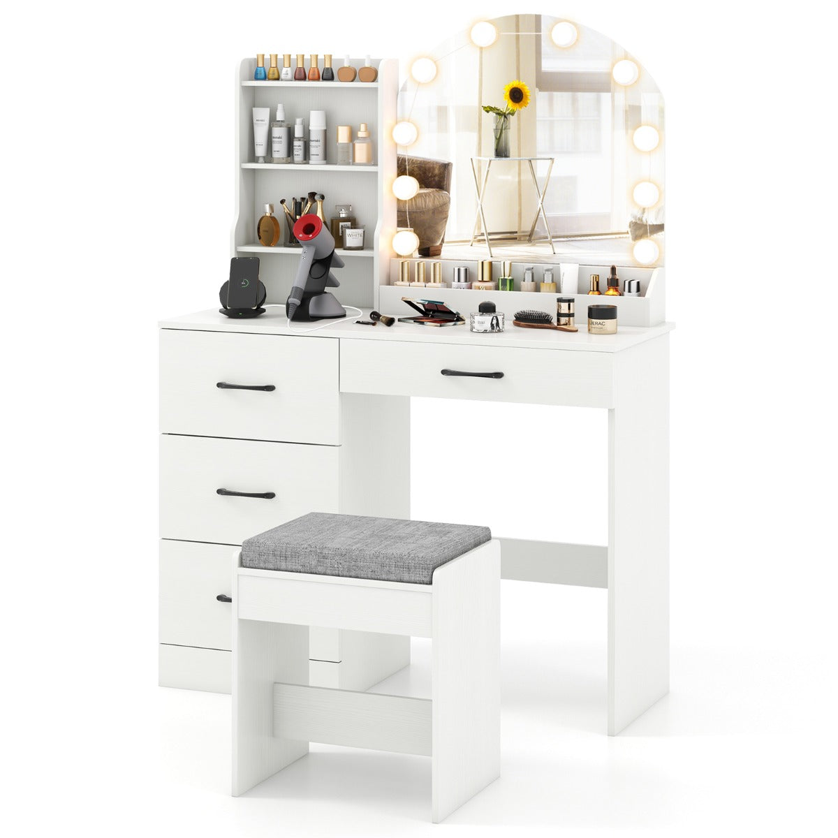 Makeup Vanity Desk with Mirror and Lights Dressing Table-White