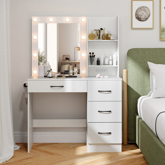 Makeup Vanity Desk with Mirror and 3-Color LED Lights Charging Station-White