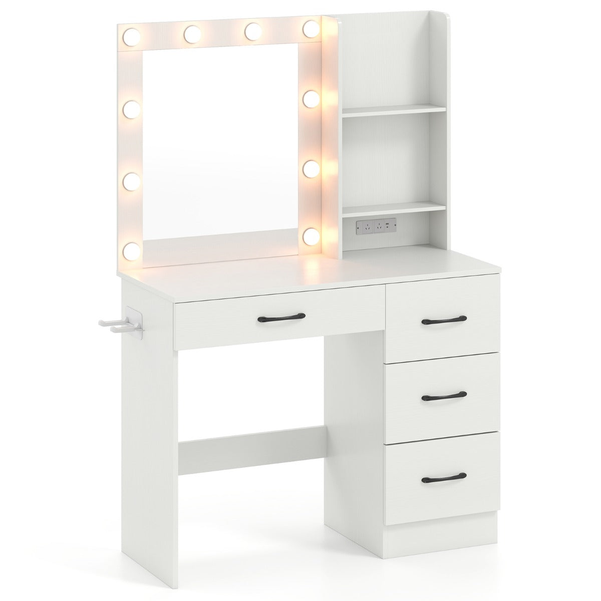 Makeup Vanity Desk with Mirror and 3-Color LED Lights Charging Station-White