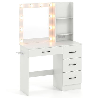 Makeup Vanity Desk with Mirror and 3-Color LED Lights Charging Station-White