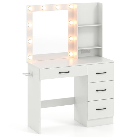 Makeup Vanity Desk with Mirror and 3-Color LED Lights Charging Station-White
