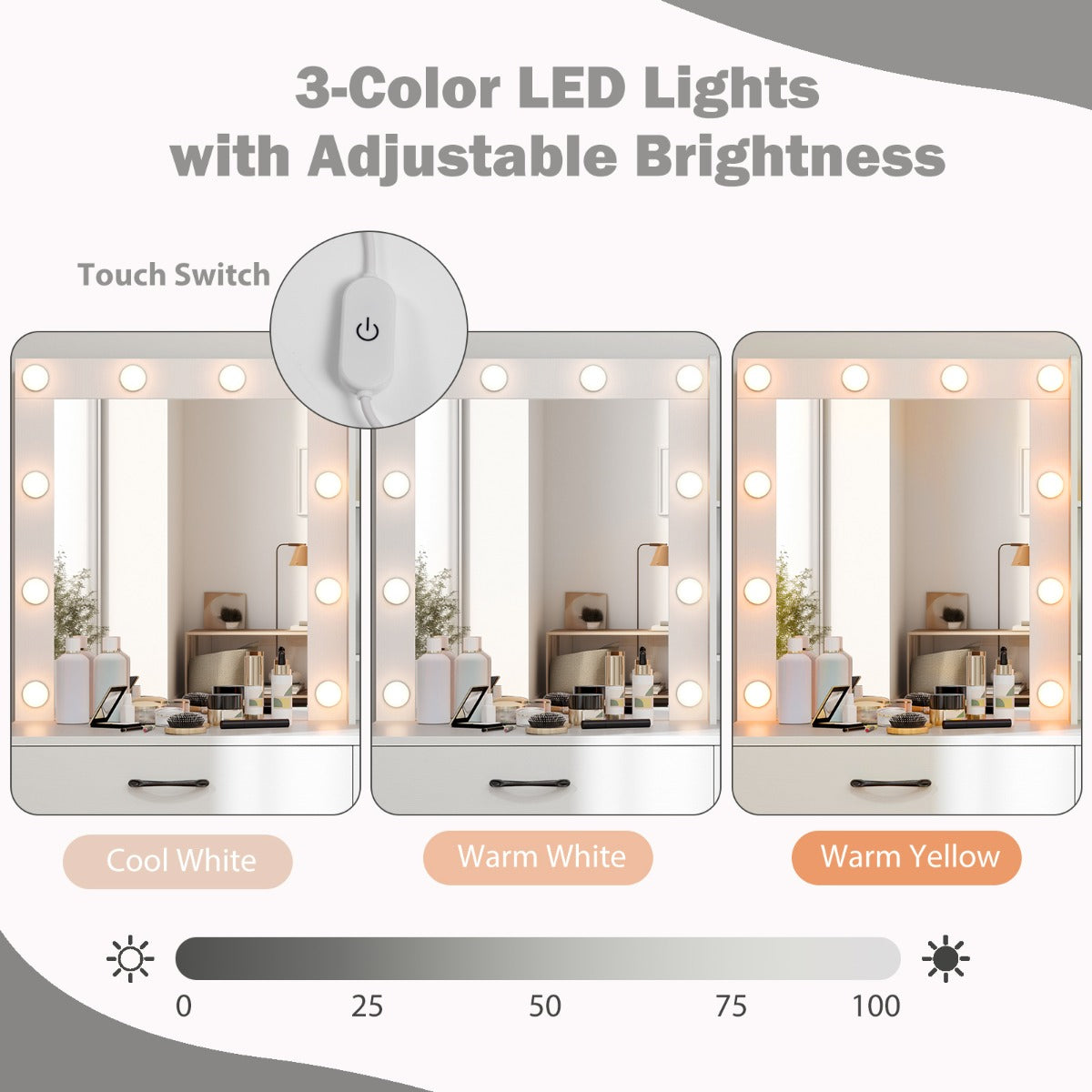 Makeup Vanity Desk with Mirror and 3-Color LED Lights Charging Station-White