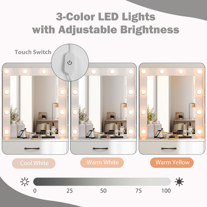 Makeup Vanity Desk with Mirror and 3-Color LED Lights Charging Station-White