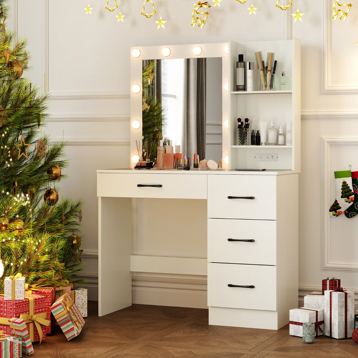 Makeup Vanity Desk with Mirror and 3-Color LED Lights Charging Station-White