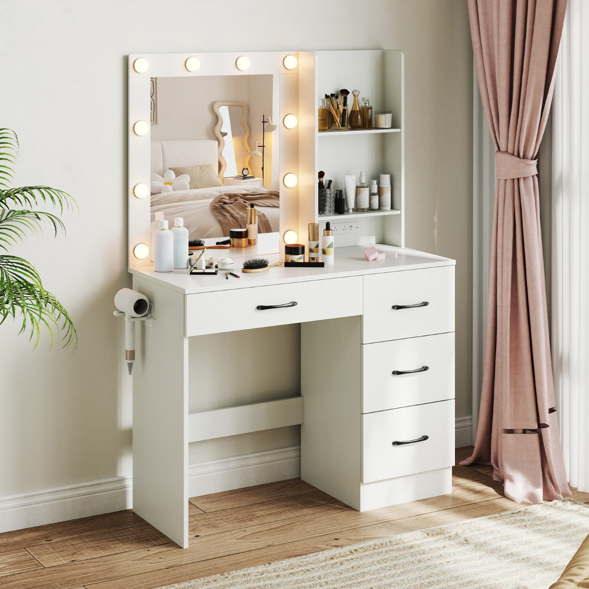 Makeup Vanity Desk with Mirror and 3-Color LED Lights Charging Station-White