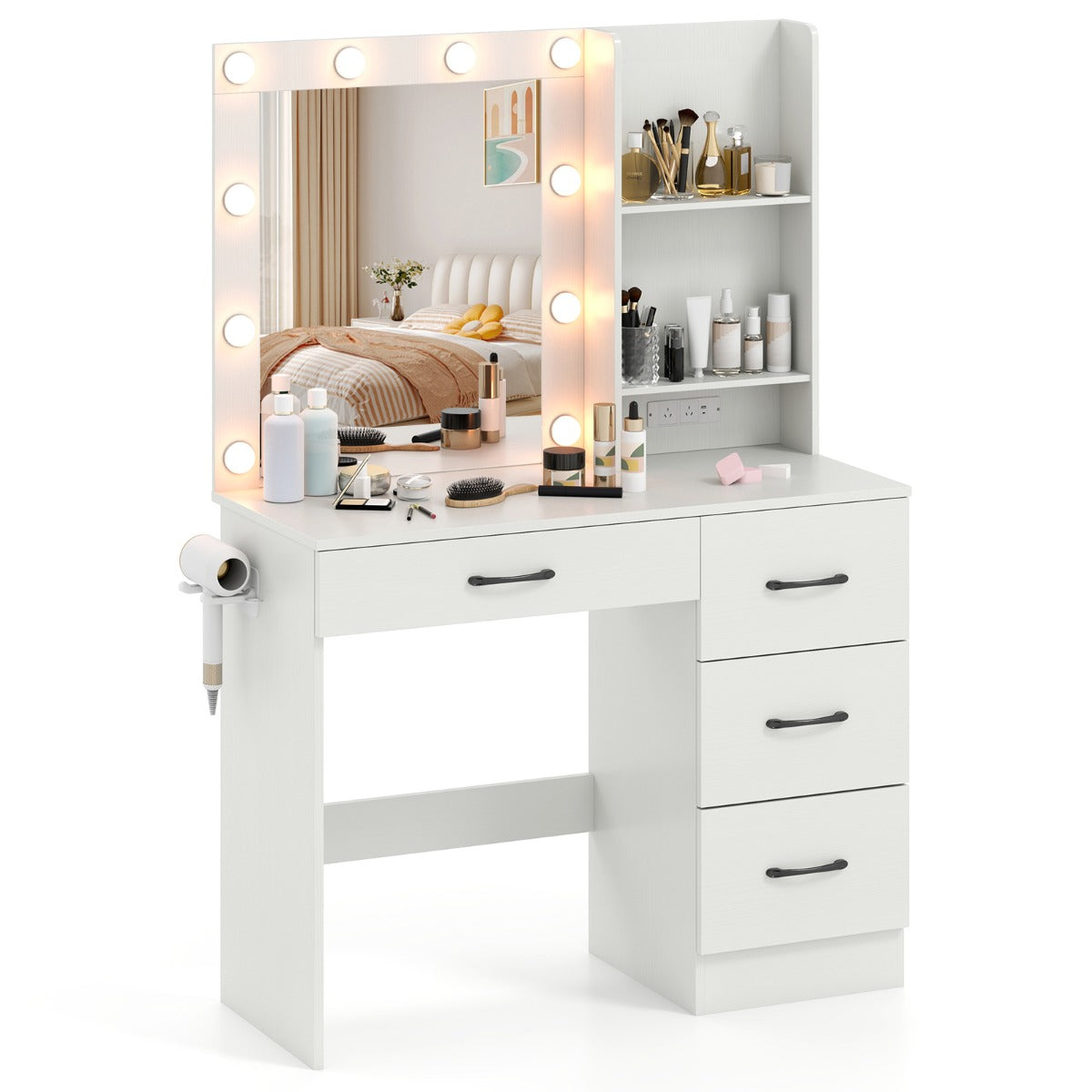 Makeup Vanity Desk with Mirror and 3-Color LED Lights Charging Station-White