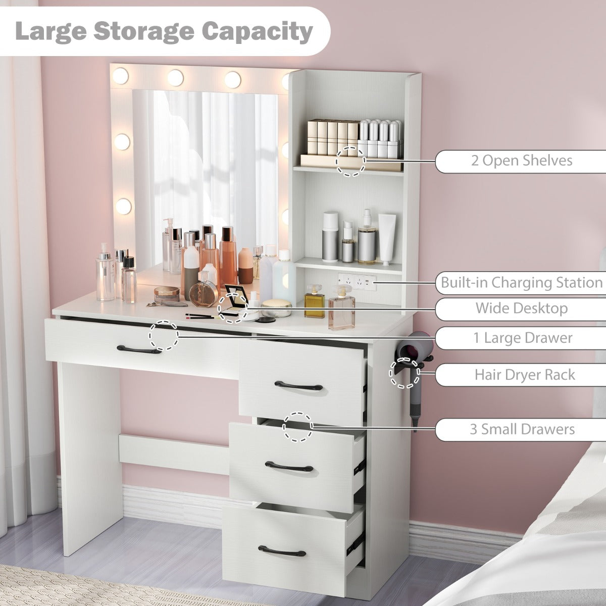 Makeup Vanity Desk with Mirror and 3-Color LED Lights Charging Station-White