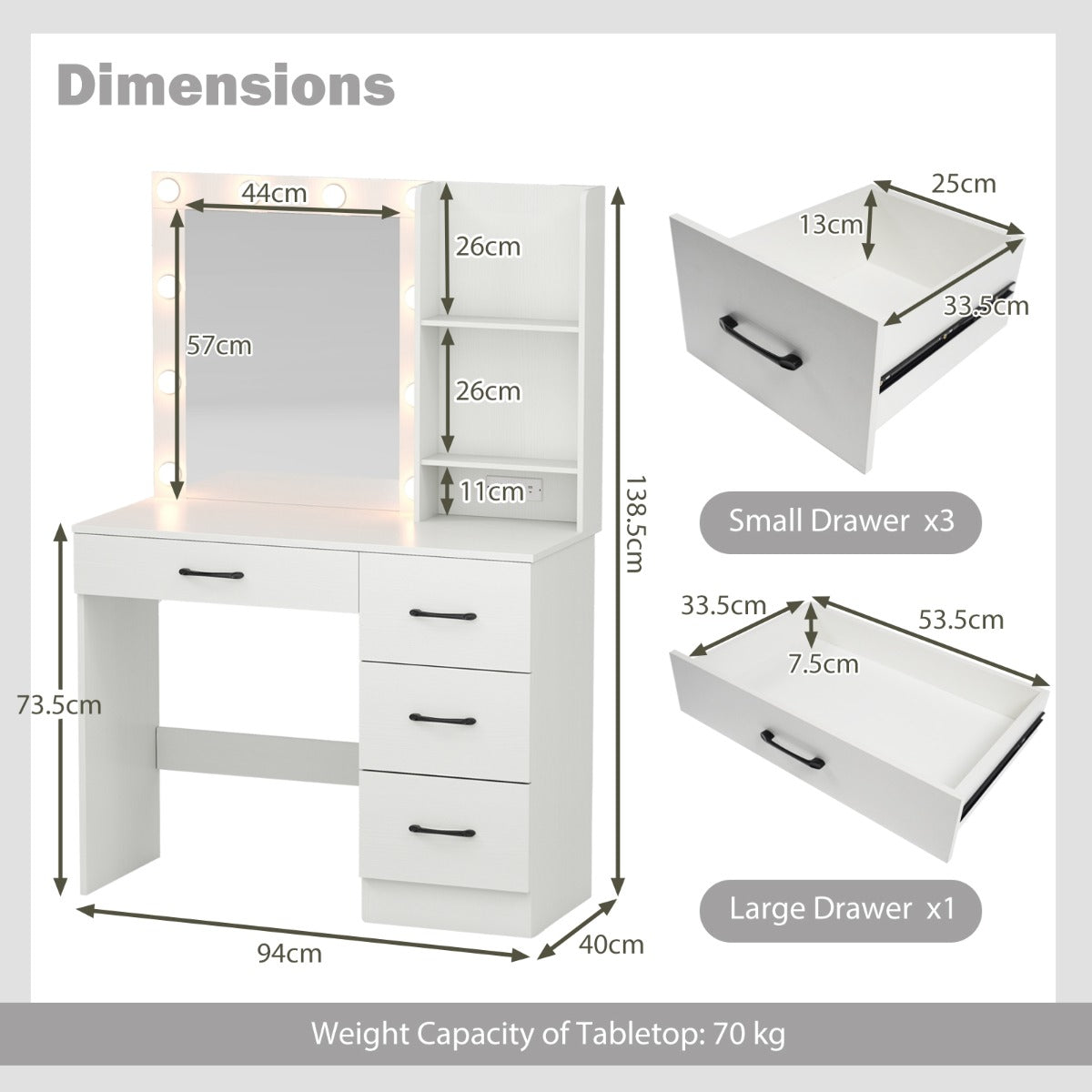 Makeup Vanity Desk with Mirror and 3-Color LED Lights Charging Station-White