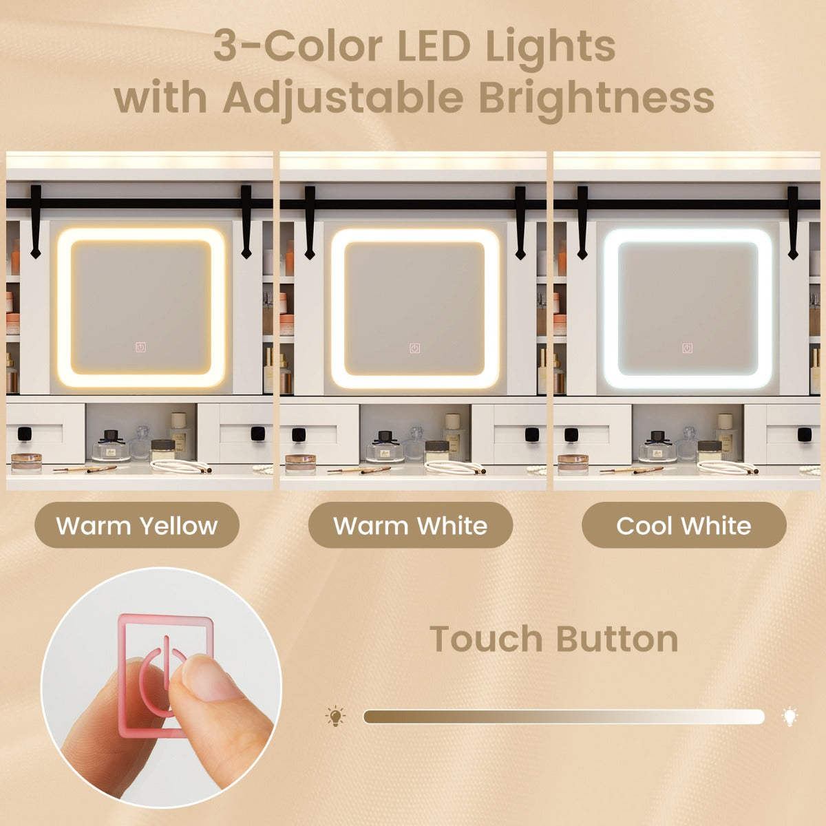 Makeup Vanity Desk with Sliding Mirror and 3-Color LED Lights-White