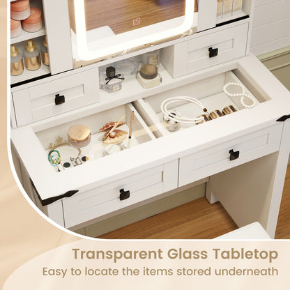 Makeup Vanity Desk with Sliding Mirror and 3-Color LED Lights-White