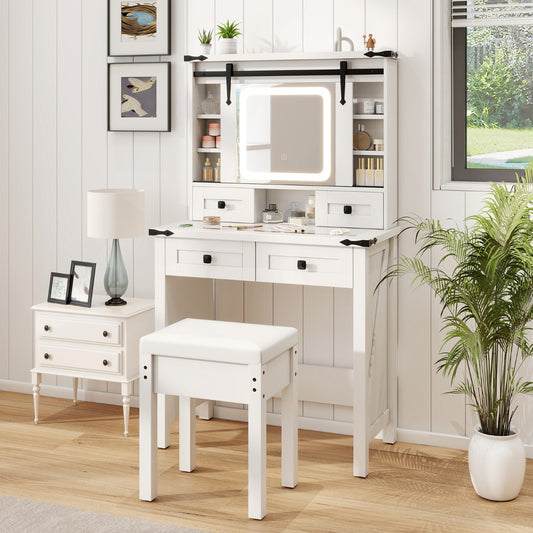 Makeup Vanity Desk with Sliding Mirror and 3-Color LED Lights-White