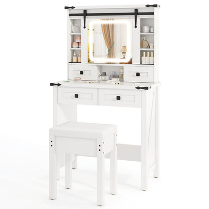 Makeup Vanity Desk with Sliding Mirror and 3-Color LED Lights-White