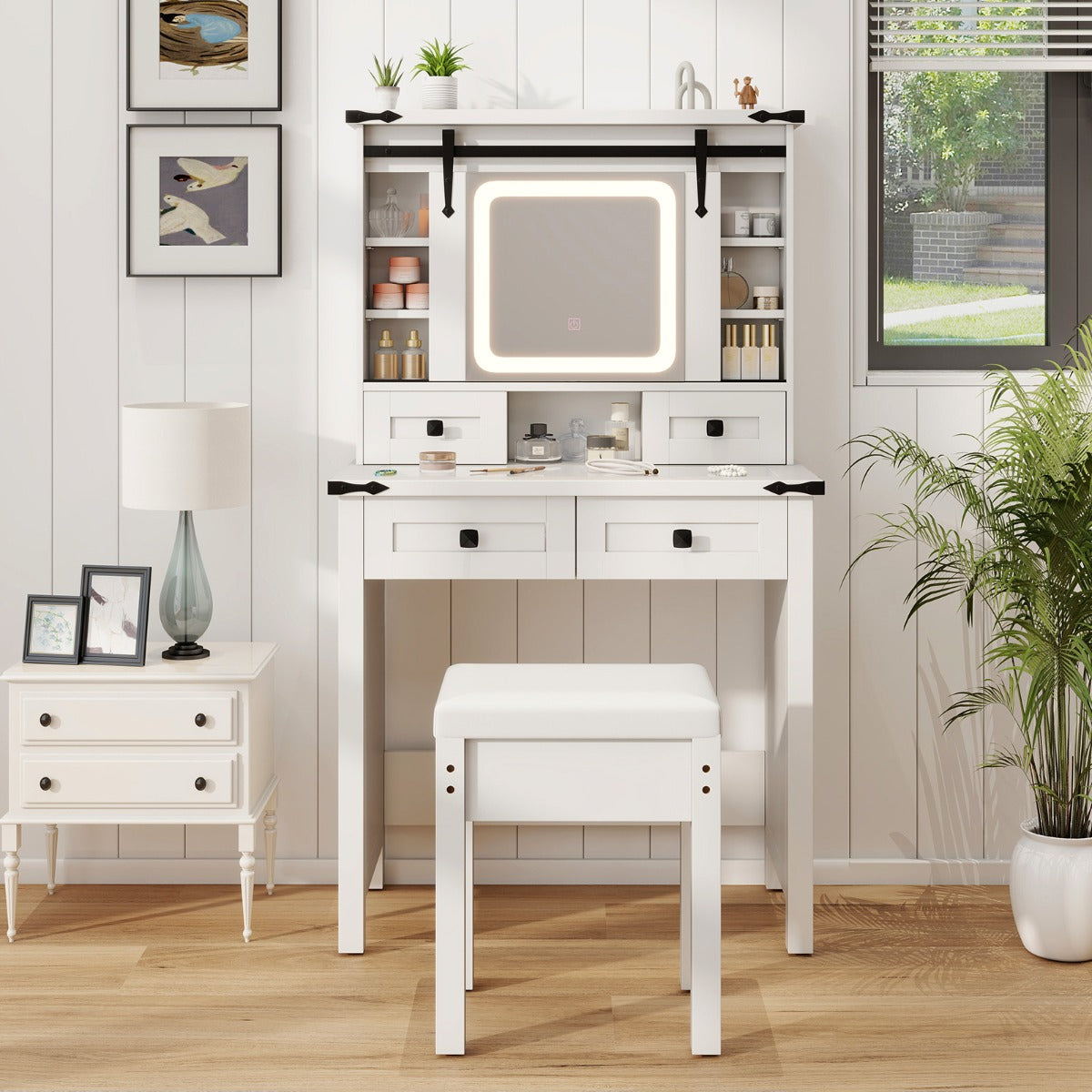 Makeup Vanity Desk with Sliding Mirror and 3-Color LED Lights-White