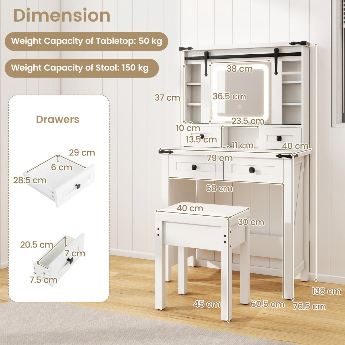 Makeup Vanity Desk with Sliding Mirror and 3-Color LED Lights-White