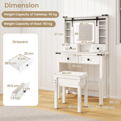 Makeup Vanity Desk with Sliding Mirror and 3-Color LED Lights-White