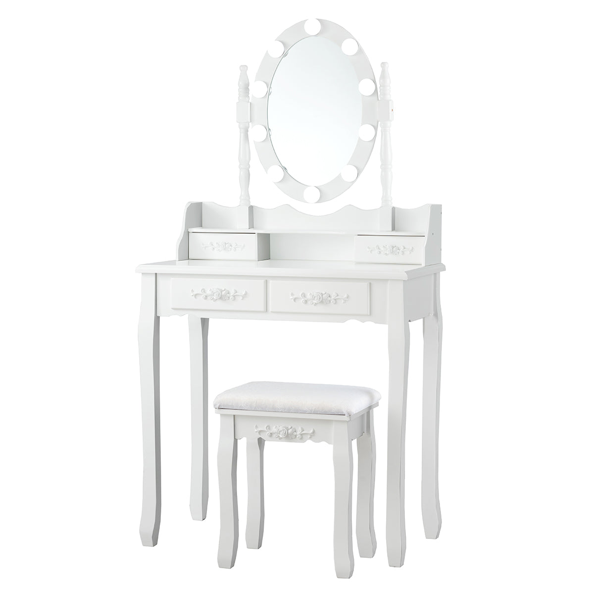 Makeup Vanity Set with Rotating Mirror and 10 LED Dimmable Bulbs-White