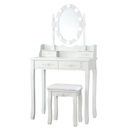 Makeup Vanity Set with Rotating Mirror and 10 LED Dimmable Bulbs-White