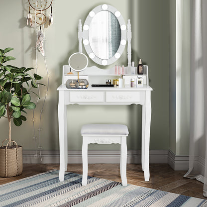 Makeup Vanity Set with Rotating Mirror and 10 LED Dimmable Bulbs-White