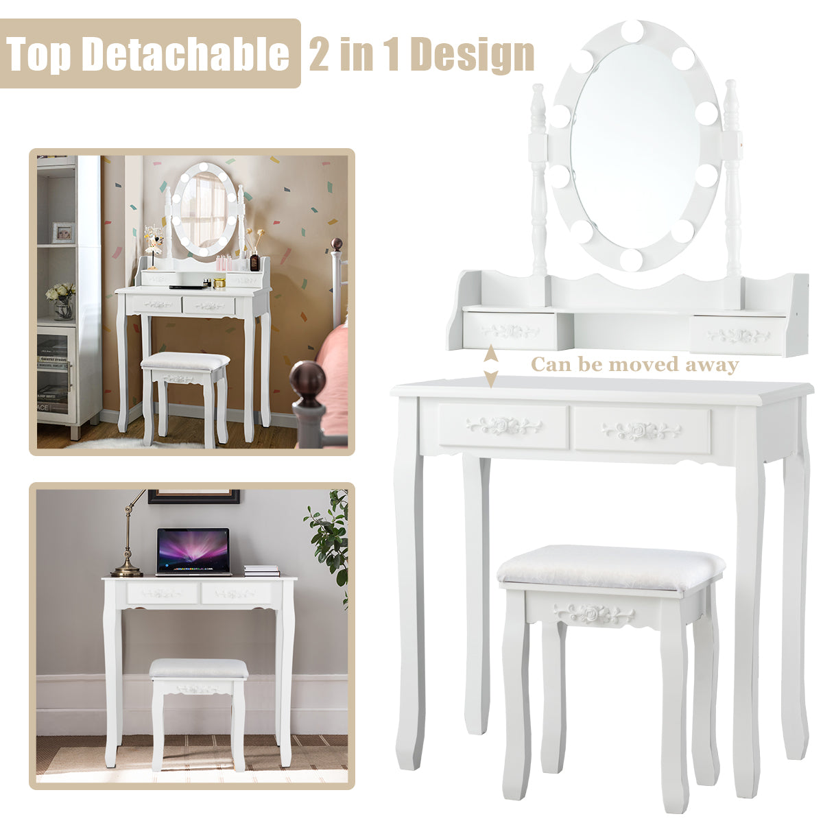 Makeup Vanity Set with Rotating Mirror and 10 LED Dimmable Bulbs-White
