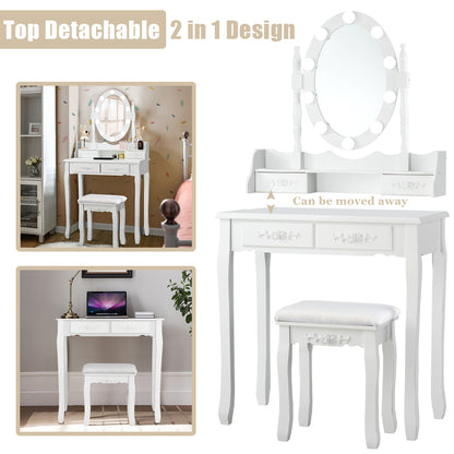 Makeup Vanity Set with Rotating Mirror and 10 LED Dimmable Bulbs-White