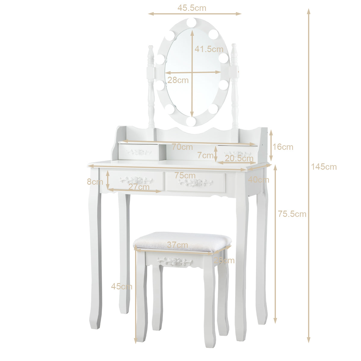 Makeup Vanity Set with Rotating Mirror and 10 LED Dimmable Bulbs-White
