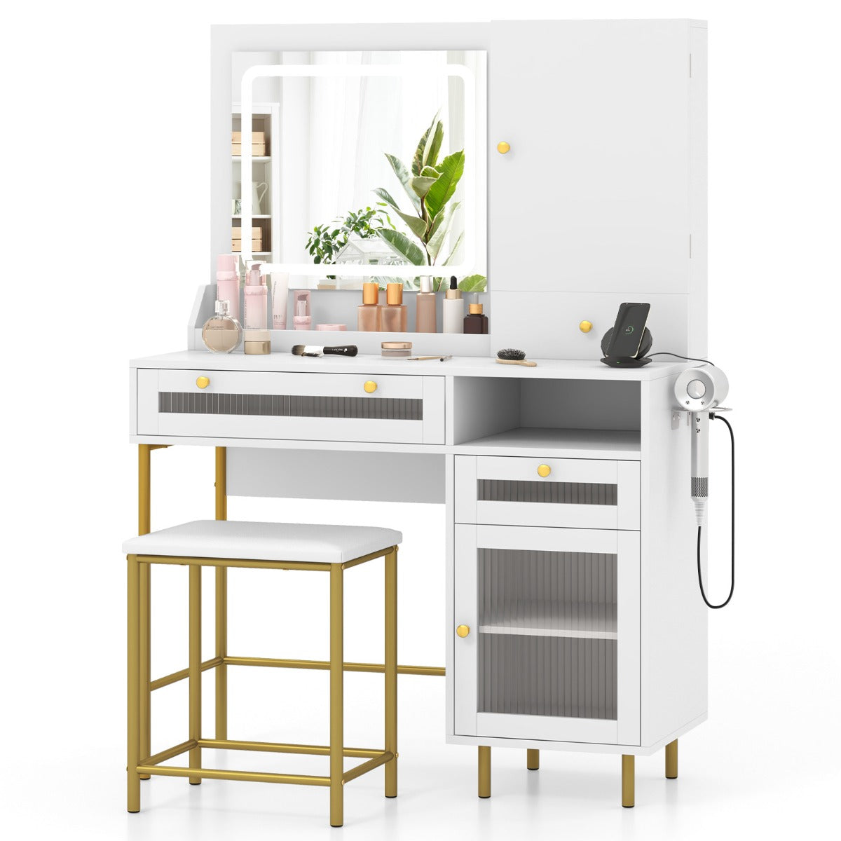 Makeup Vanity Table Modern Dressing Table and Stool Set with Mirror and Lights-White