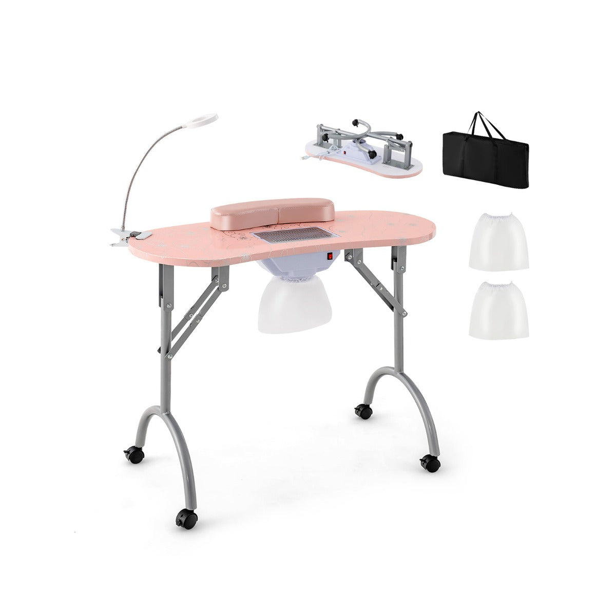 Folding Manicure Nail Table with Electric Dust Collector-Pink